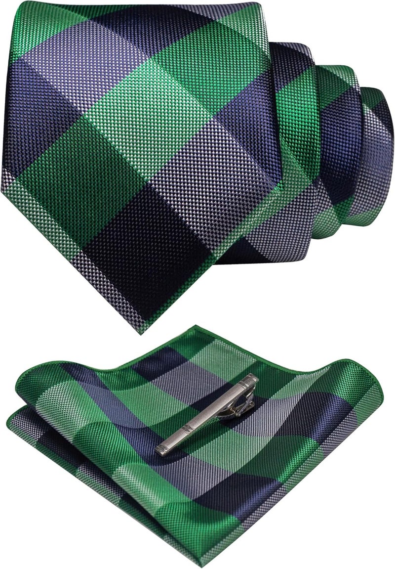 RBOCOTT Silk Stripe Plaid Tie and Pocket Square with Tie Clip Sets for Men - Image 1